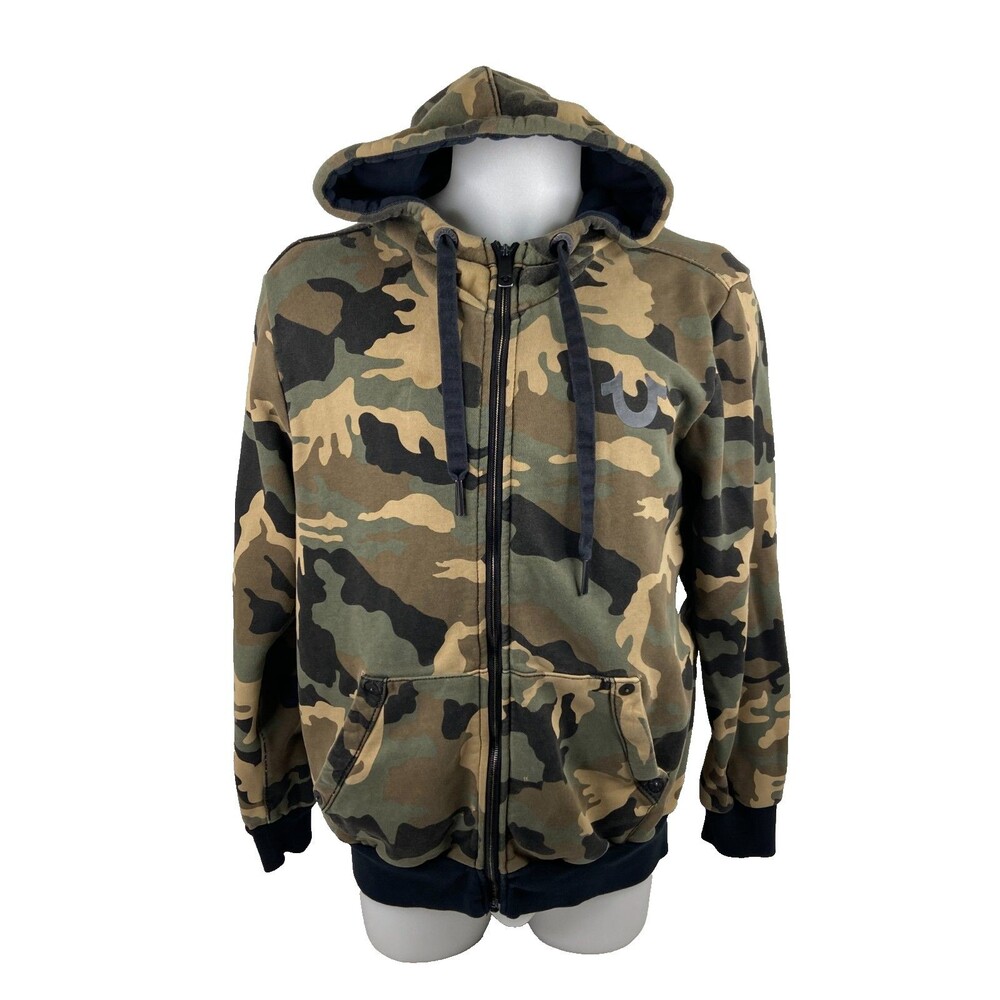 True Religion Unisex Large Green Camo Hoodie Full Zip Black Logo